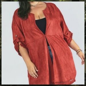 Fall Rust Ultra Suede Open Front Boho Fringe Embroidery Duo Pockets NEW Cardigan